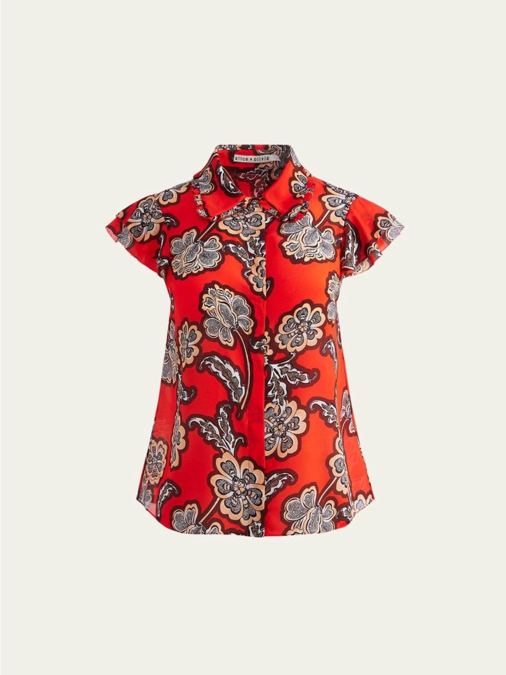 Alice + Olivia Red Floral Silk Button-Front Cap-Sleeve Top